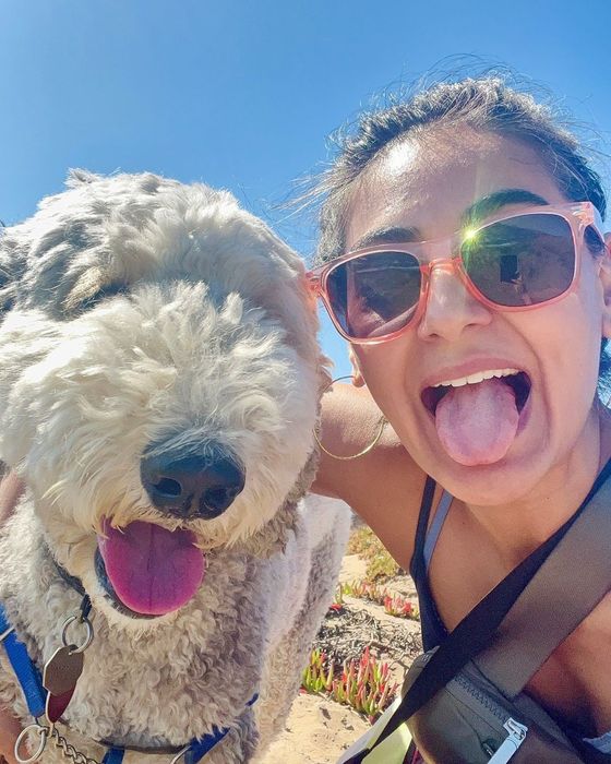 Shruti Dixit and her fluffy Bernedoodle, Kai, grinning at the camera on a sunny day at the beach