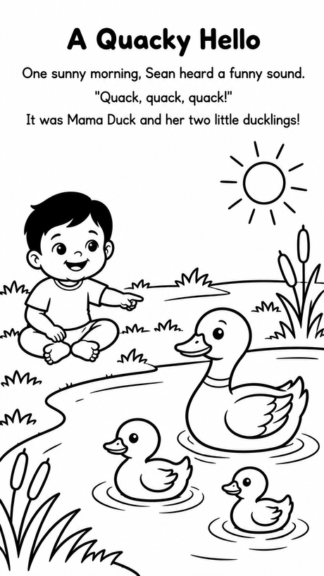 Coloring page, A Quacky Hello: Sean sits by the pond and waves at Mama Duck and her two ducklings swimming.