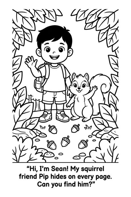 Coloring page: Sean waves hello in the woods next to Pip the squirrel, with leaves and acorns all around.