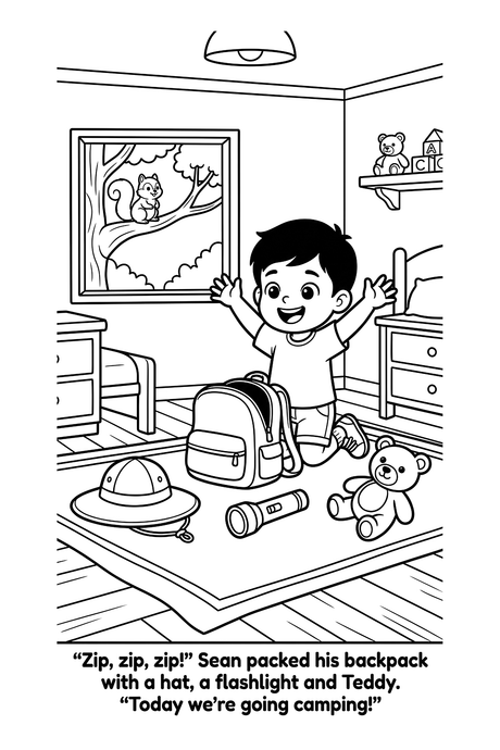 Coloring page: Sean happily packs his backpack with a hat, a flashlight and his teddy bear for a camping trip.